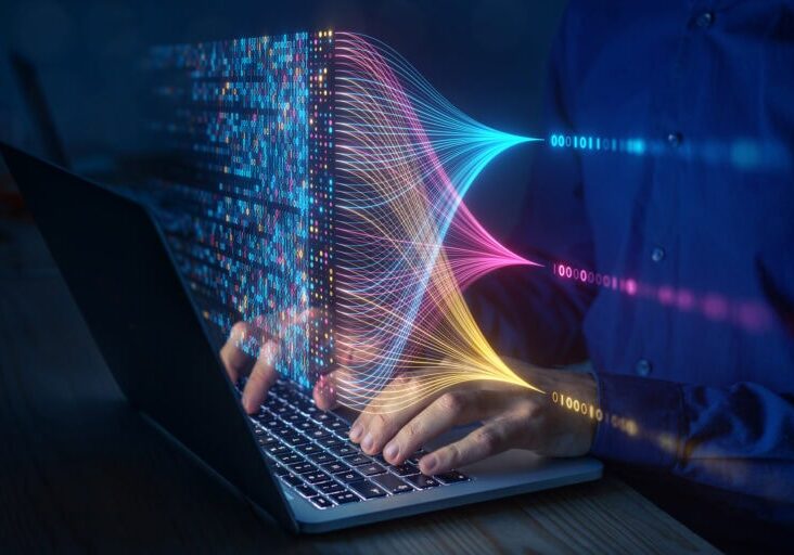 Data science and big data technology. Data scientist computing, analysing and visualizing complex data set on computer. Data mining, artificial intelligence, machine learning, business analytics.