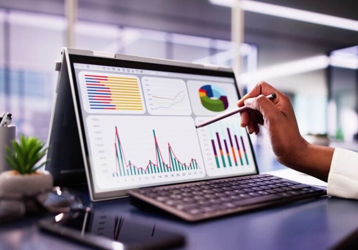 African,American,Woman,Analyzing,Financial,Data,On,Laptop,Screen,In